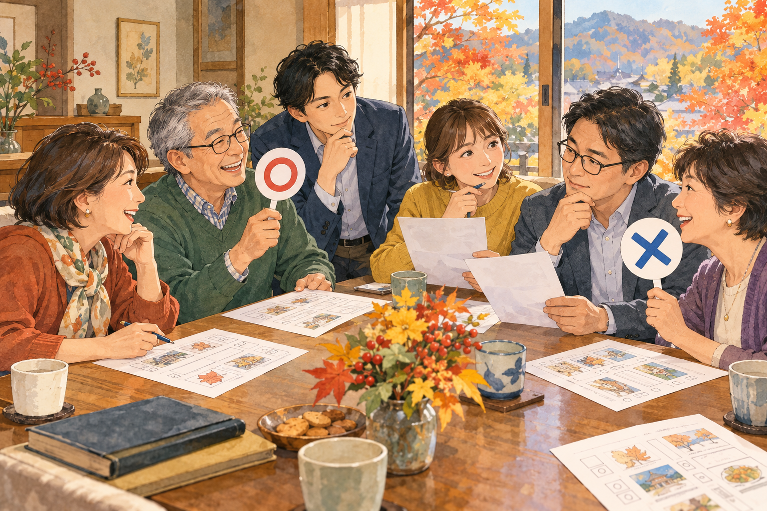 ○と×の札を持ち、仲間とクイズを楽しむイメージイラスト